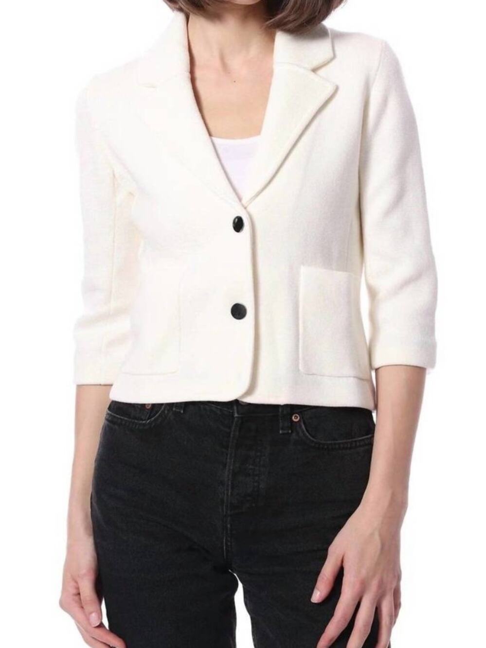 Mini Rose Cotton Blend Snap Front Knit Sweater Blazer Large White Patch Pocket